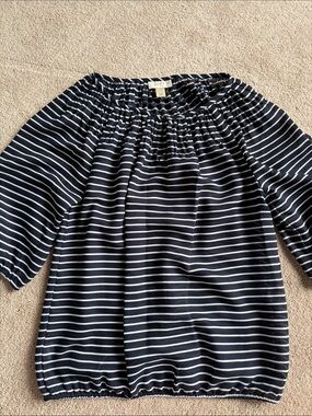 LOFT Navy and White Striped Off-Shoulder Top